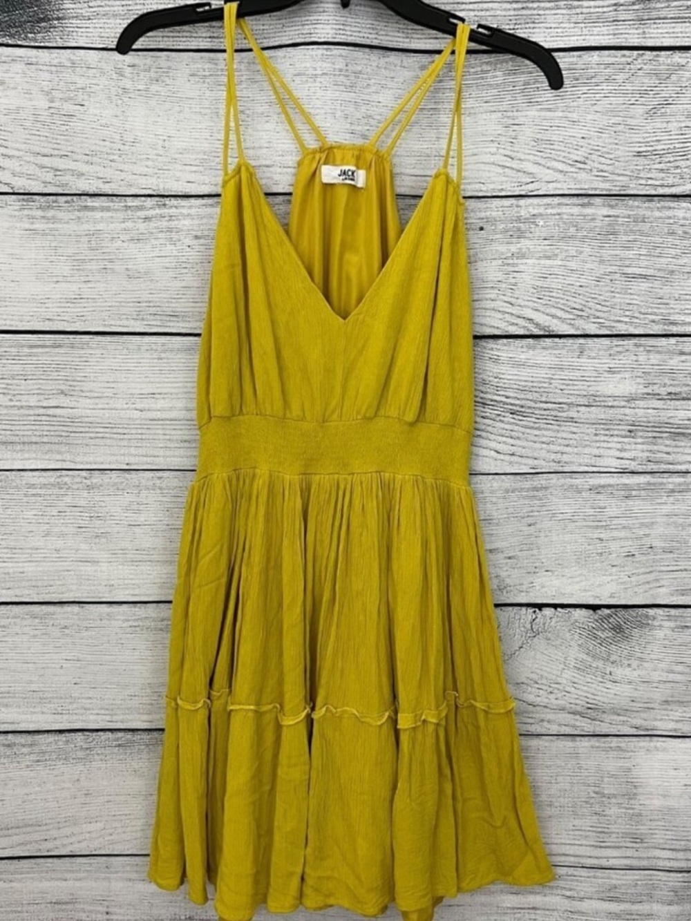 Jack by BB Dakota Mustard Yellow Tiered Spaghetti-Strap Mini Dress